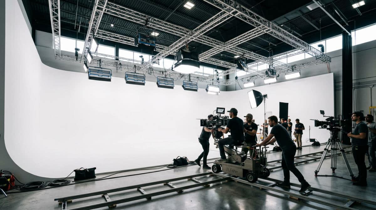 Professional video production space with cyclorama wall and lighting grid
