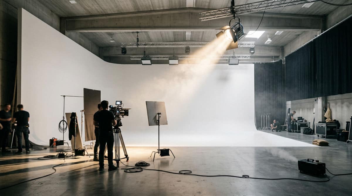 A professional San Diego production studio using a smoke machine rental to create light rays on a cyclorama wall.