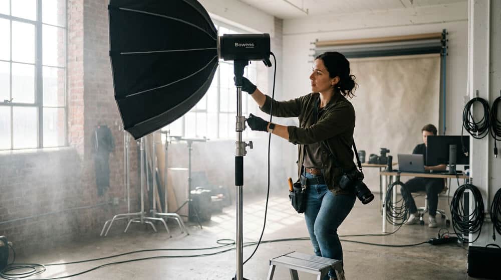 A professional photographer utilizing haze machine rental for cinematic lighting depth in a studio.