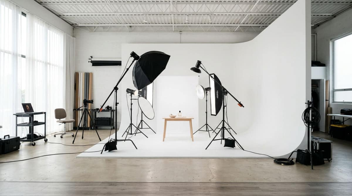 A professional still life studio featuring a white cyclorama wall and photography lighting equipment.