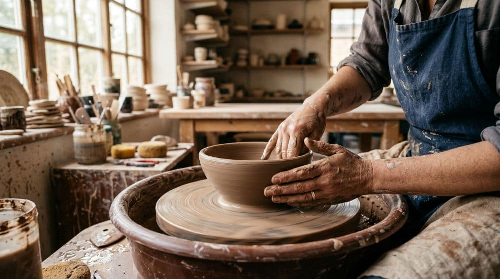A professional ceramic artist working at a pottery wheel in a still life studio.