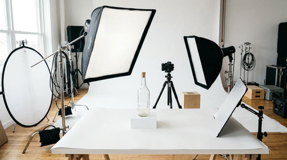High-end lighting rig for product photography in a still life studio.