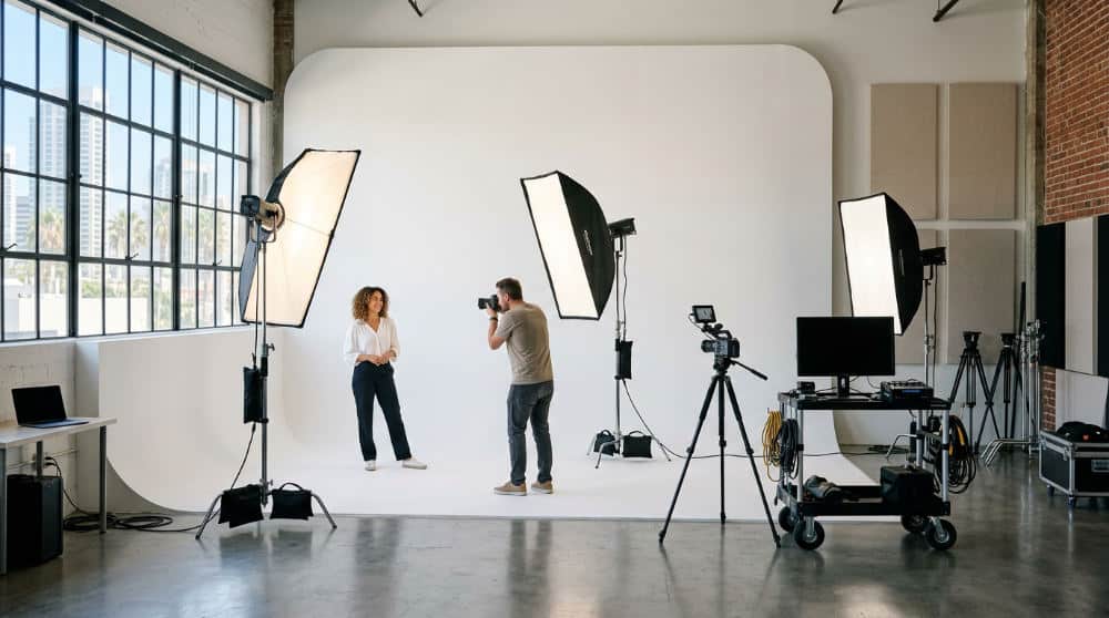 Professional cyclorama wall studio with overhead lighting grid and wide shooting floor.