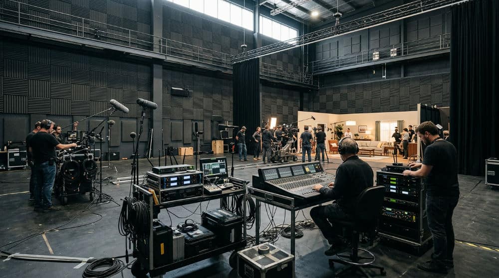 Soundproofed video production space with acoustic panels and camera equipment.
