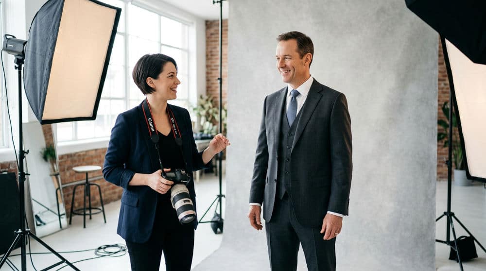 A photographer providing posing guidance for professional headshots at a San Diego creative studio.