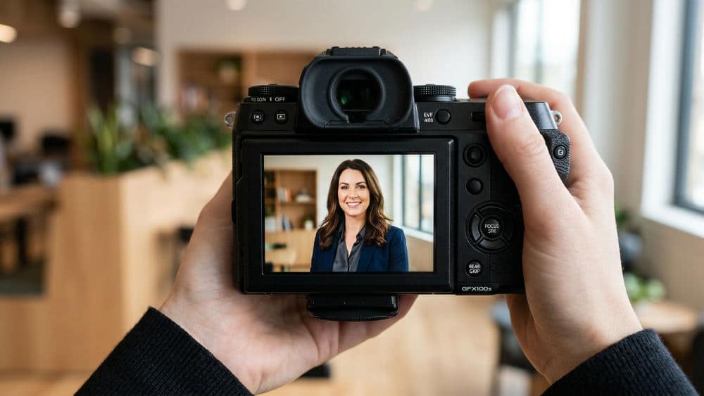 A studio headshot session result showing the best headshot for linkedin on a digital camera display.