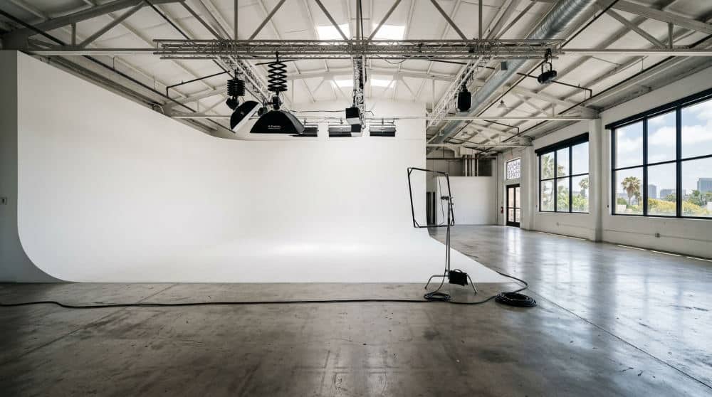 A photographer standing in the center of a white cyclorama wall studio, showcasing the seamless transition between the floor and the wall.