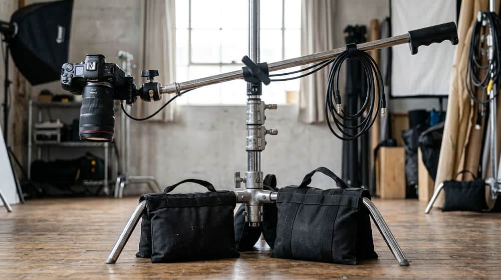 A professional lighting setup with a C-stand and sandbags positioned over a white backdrop for overhead photography.