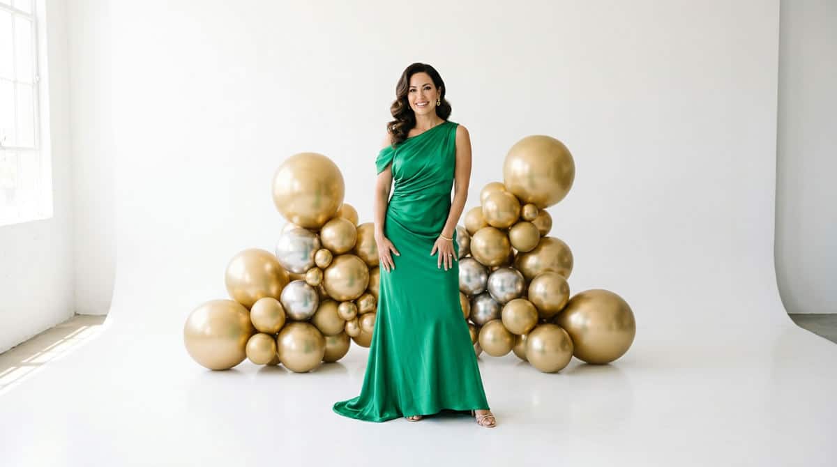 A woman celebrating a milestone birthday in a professional San Diego photo studio with a cyclorama wall.