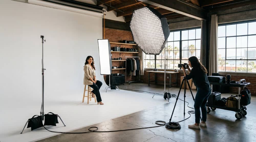 Professional San Diego photo studio rental featuring a white cyclorama wall for birthday sessions.