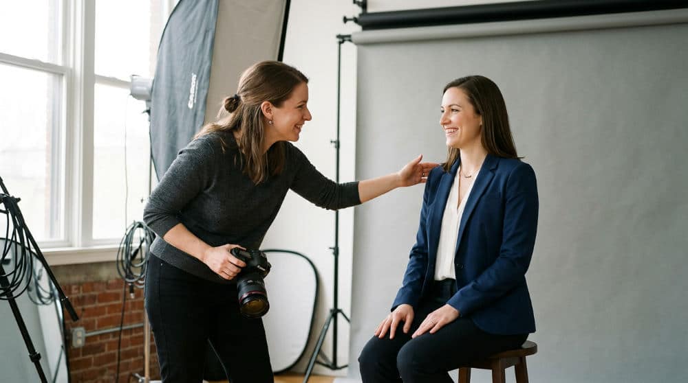 Client receiving posing coaching for professional headshots during a San Diego studio rental.