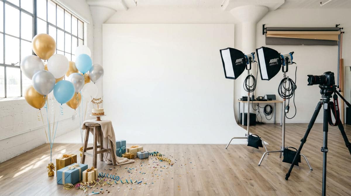A professional birthday photoshoot package setup in a San Diego studio with a cyclorama wall.