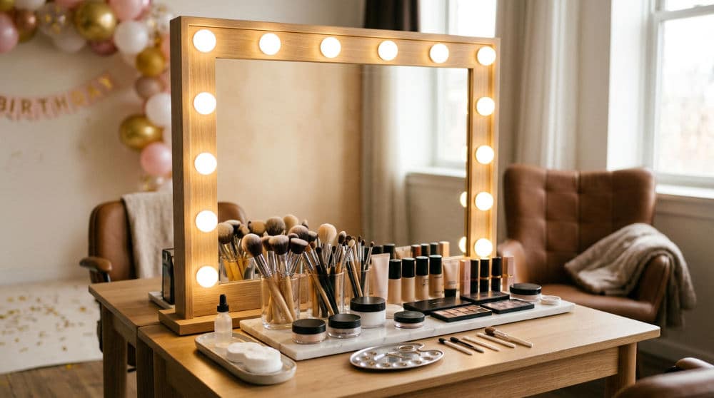 Studio beauty station for birthday photoshoot preparation