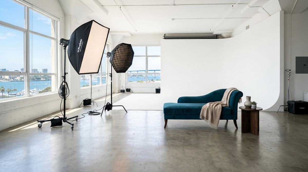 A professional boudoir photo studio rental space with cyclorama wall and lighting equipment in San Diego.