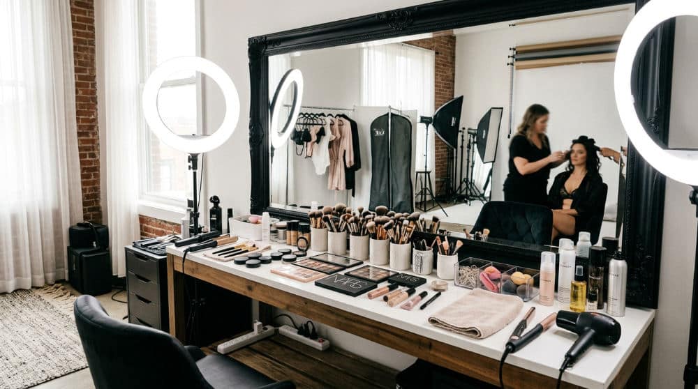 Dedicated hair and makeup station in a San Diego photography studio.