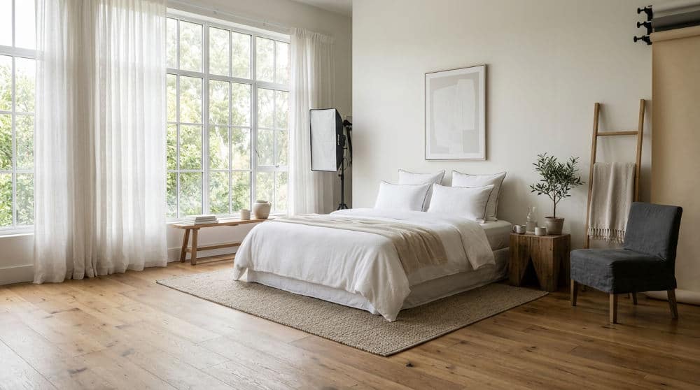 Lifestyle boudoir set with bed and natural light.