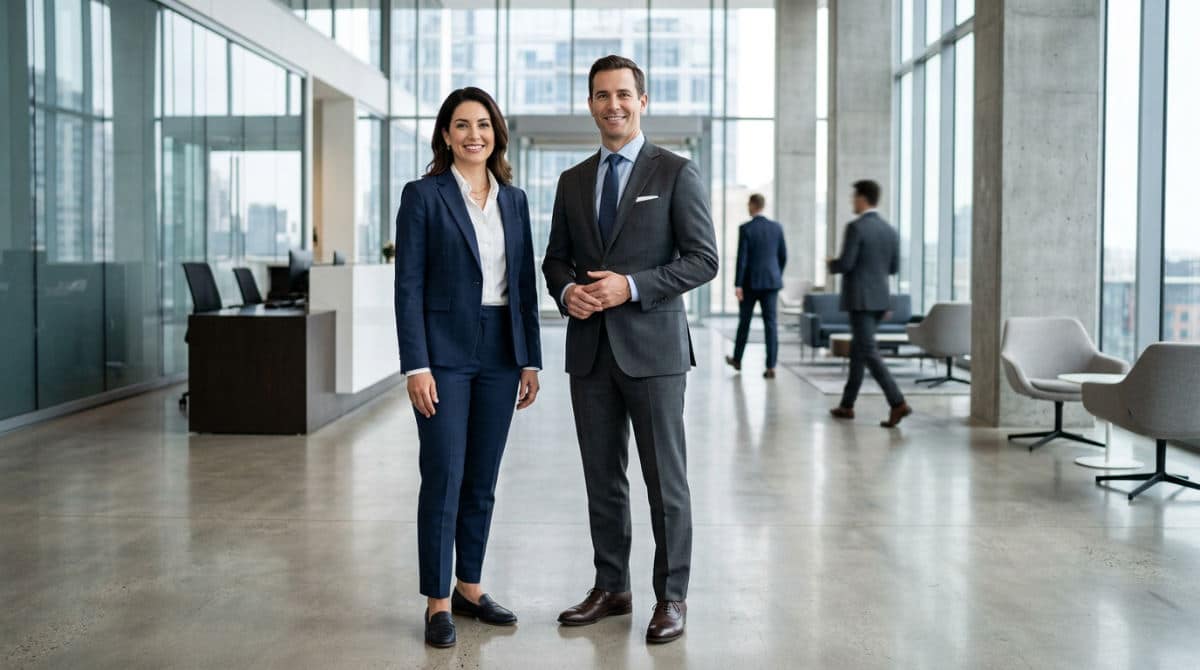 Two professionals wearing navy and charcoal tailored suits standing in a bright corporate hallway for an interview.
