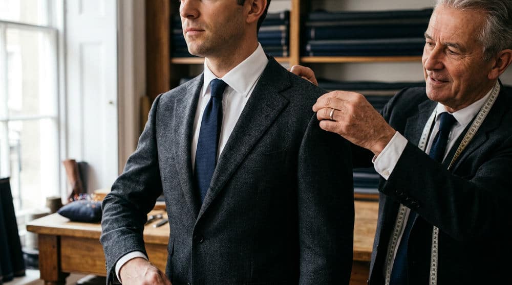 A tailor adjusting the sleeve of a high-quality navy wool suit jacket for a professional fit.