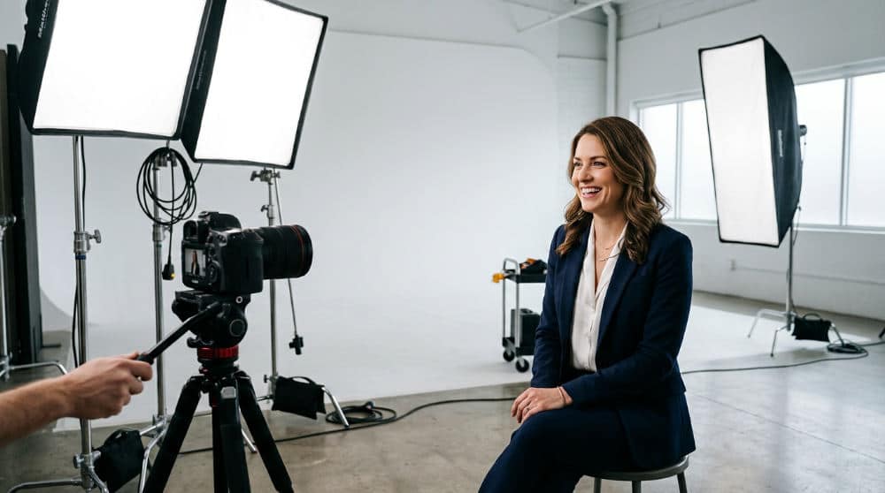 A professional man in a business suit posing for a headshot at Lightz Out Studios in San Diego.