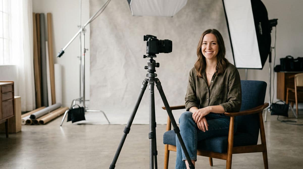 Professional camera angles eye level setup in a photography studio