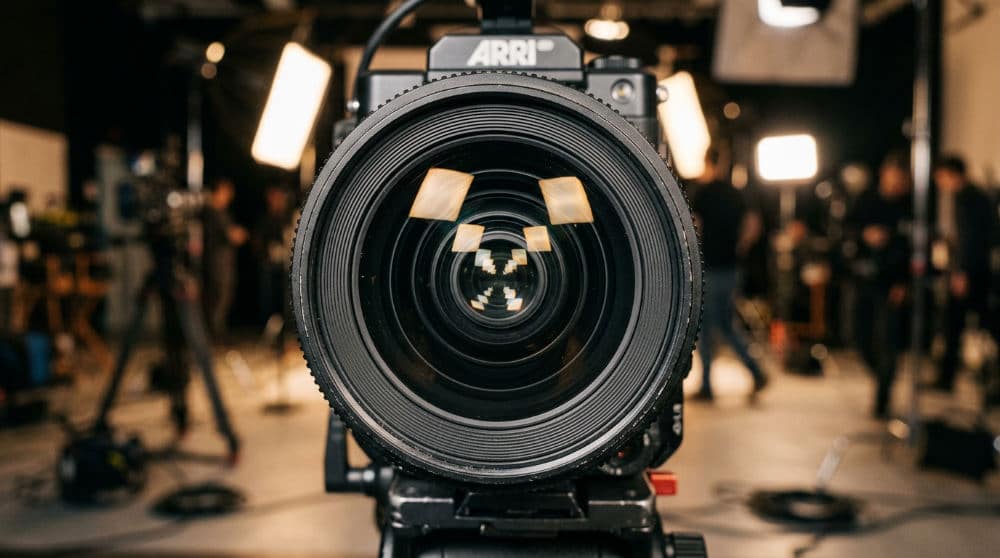 Professional camera lens positioned for eye-level photography
