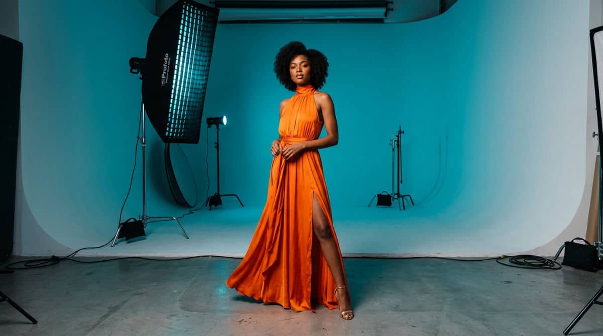 A model in an orange dress posing on a photography cyclorama wall lit with teal blue light.