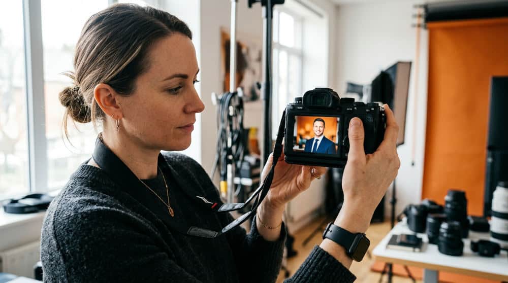 A photographer checking a complementary color headshot on a digital camera screen in a studio.