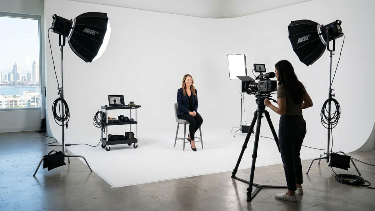 A professional San Diego photography studio with a white cyclorama wall and high-end lighting equipment prepared for a headshot session.