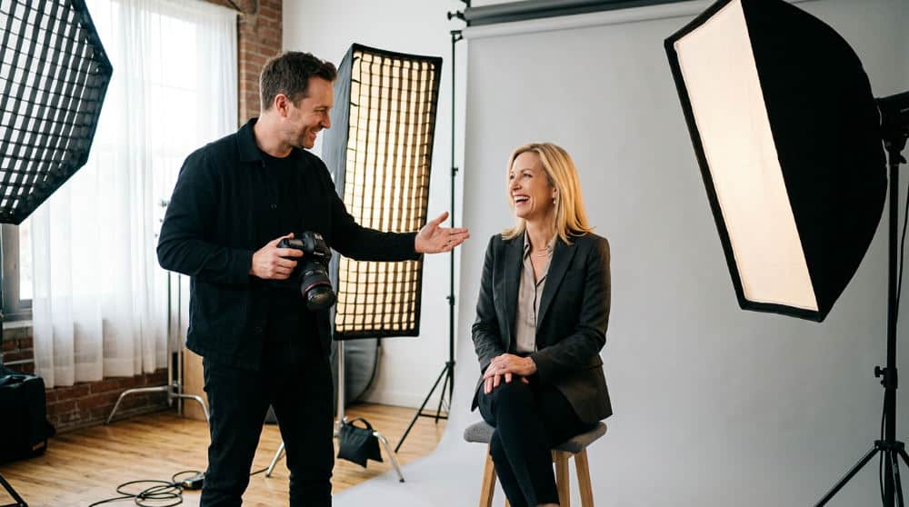 A male professional in a suit receiving expression coaching from a photographer in a studio.
