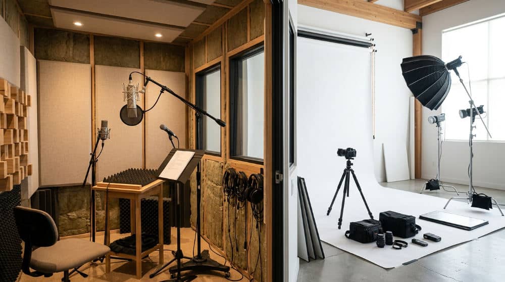 A clean white cyclorama wall in a professional San Diego studio used for corporate team portraits.