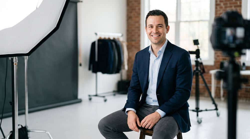 A professional businessman receiving posing direction during a coached studio headshot session in San Diego.