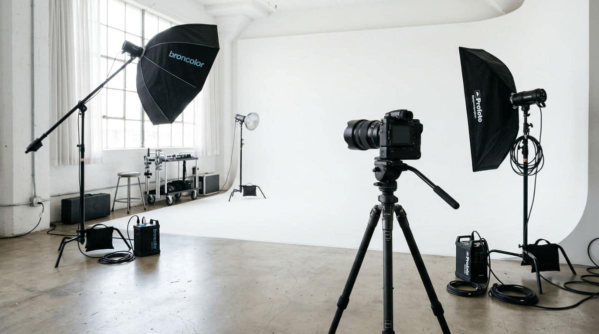 A professional photography studio setup featuring a clean white photography cyclorama wall and high-output strobe lights.
