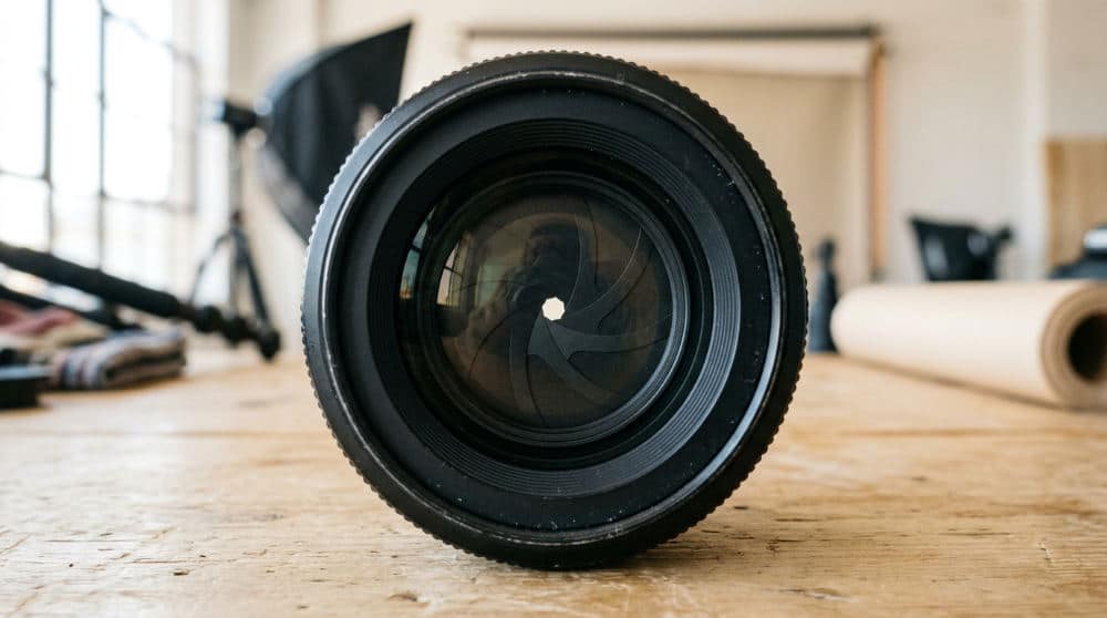 A camera lens with a narrow aperture setting to achieve deep depth of field in a studio environment.