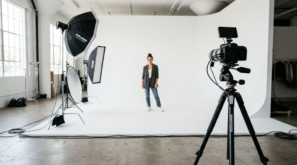 A professional camera setup in a San Diego studio focusing on a subject against a white cyclorama wall.