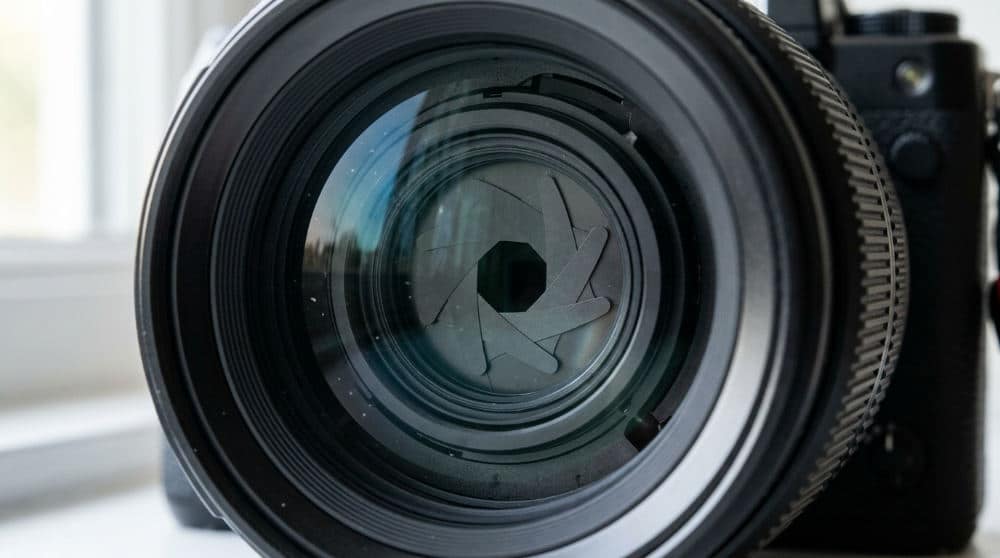 A detailed view of a camera lens diaphragm illustrating how aperture controls light and depth of field.