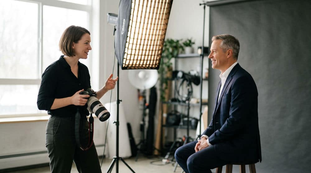 A professional headshot session at a San Diego studio demonstrating shallow depth of field for portraiture.