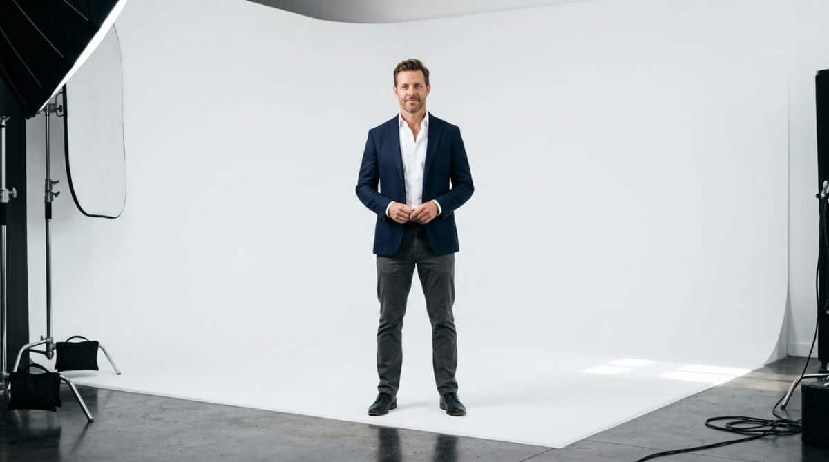 A professional San Diego businessman posing for a high-quality LinkedIn headshot in a photography studio.