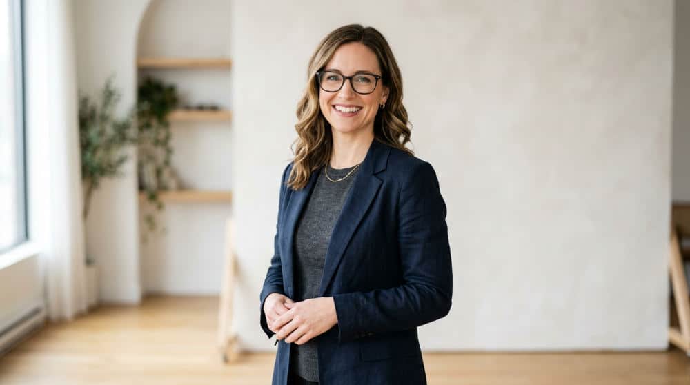 A high-quality professional headshot example showing clear eyes without specular reflection on glasses.
