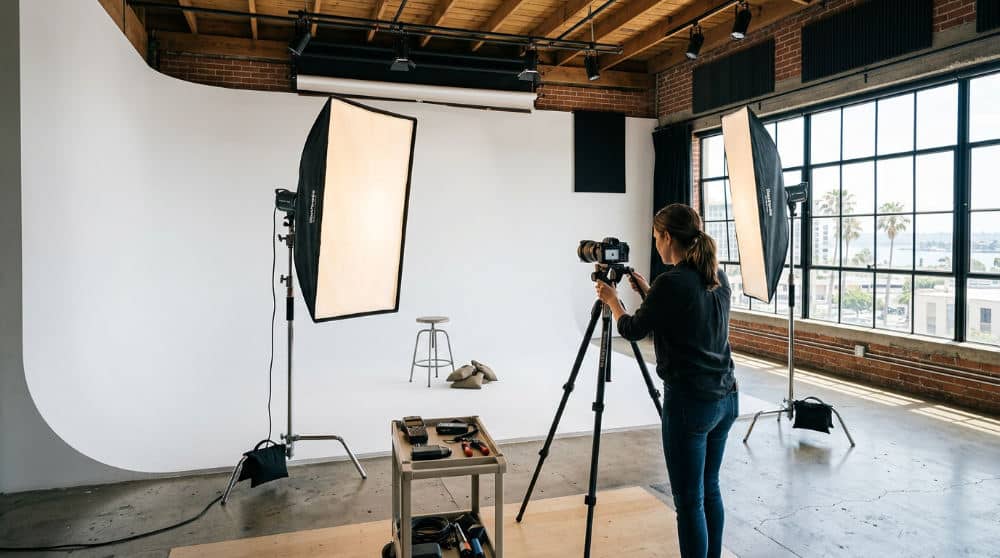 The interior of Lightz Out Studios in San Diego featuring a professional cyclorama wall setup.