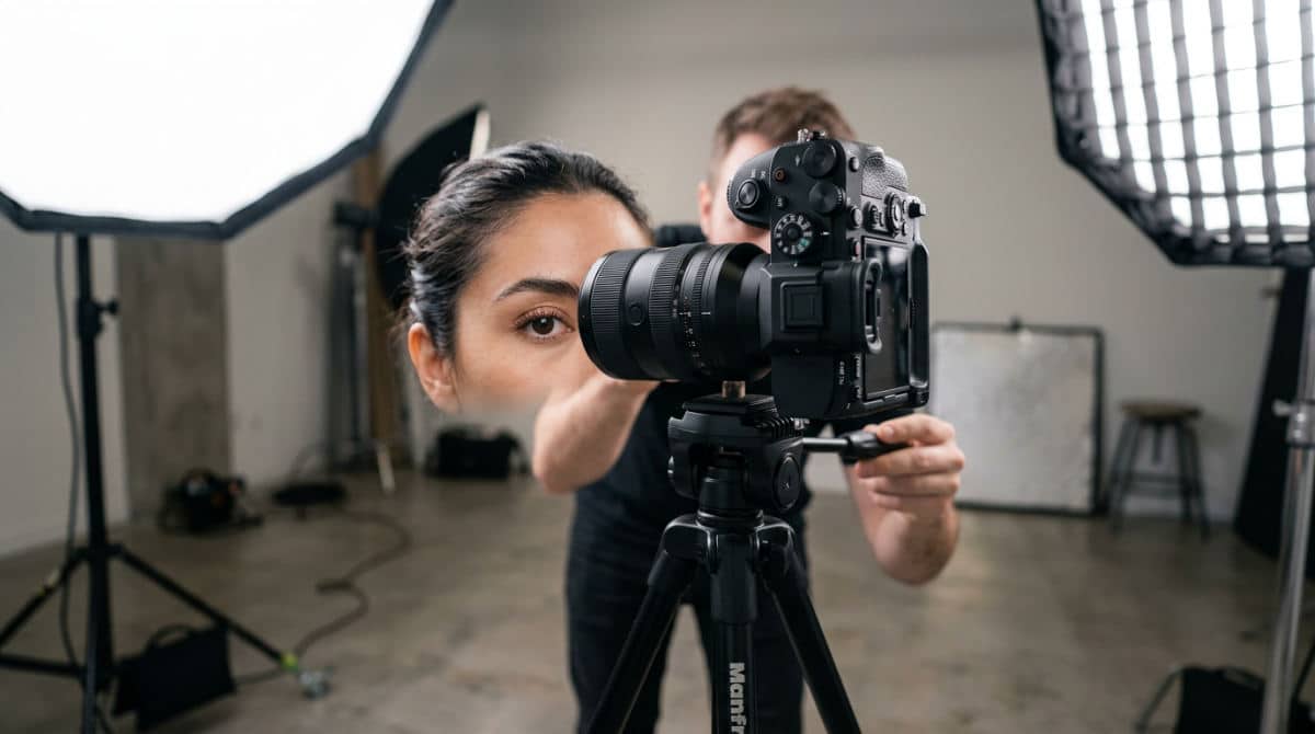 A professional macro camera setup focused on a human eye for high-definition iris photography in a studio.