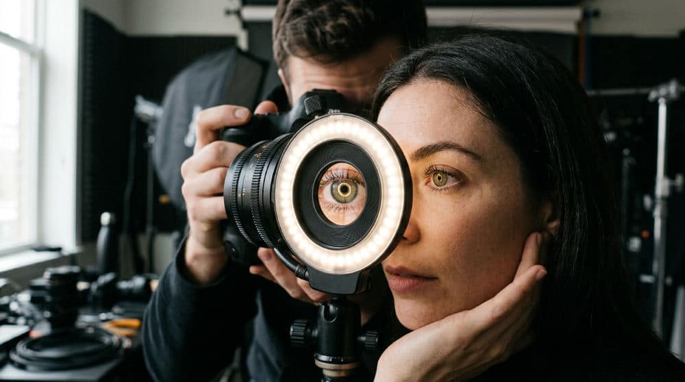 A specialized 100mm macro lens and LED lighting rig positioned for detailed iris photography.