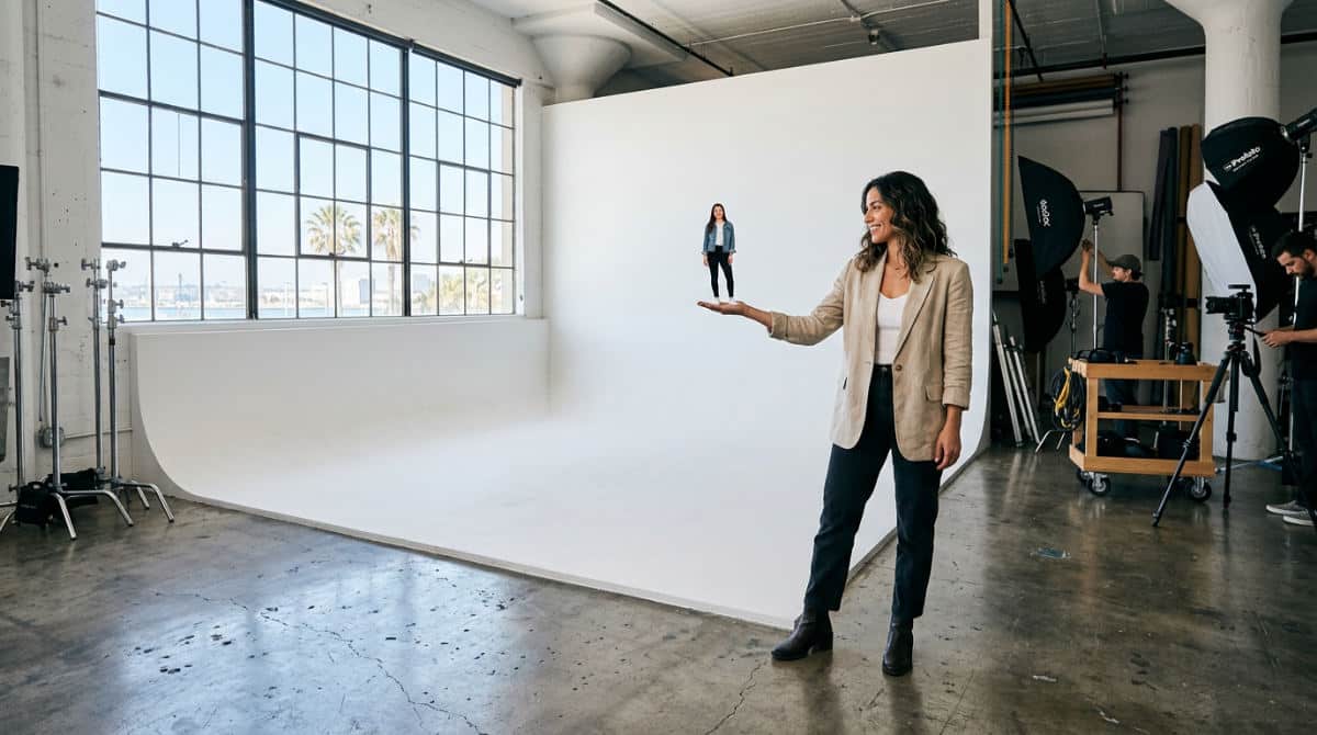 A professional photography studio in San Diego showing two models using a white cyclorama wall for forced perspective.