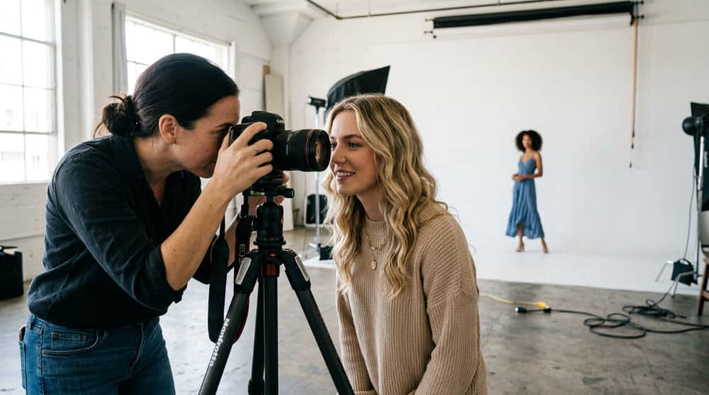 A professional photographer uses a sturdy tripod and a wide-angle lens to align a forced perspective shot of a miniature car appearing full-sized in a studio.