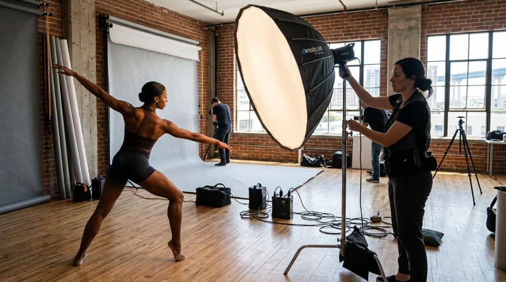A photographer setting up directional lighting to emphasize a dancer's athletic musculature in a San Diego studio.