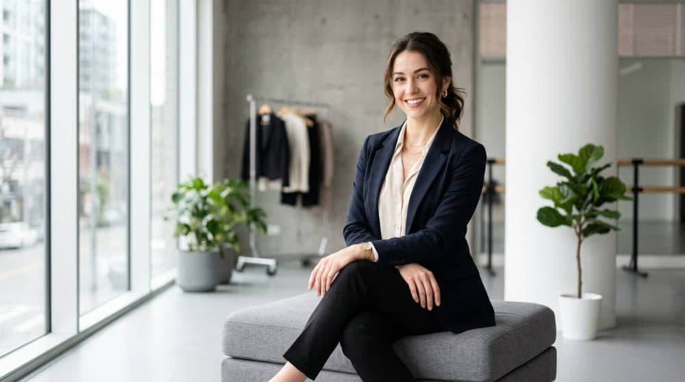 A professional dancer wearing business-casual clothing for a LinkedIn headshot session in a San Diego studio.