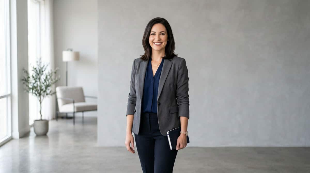 A professional San Diego realtor posing for a headshot in a photography studio with high-end lighting equipment.