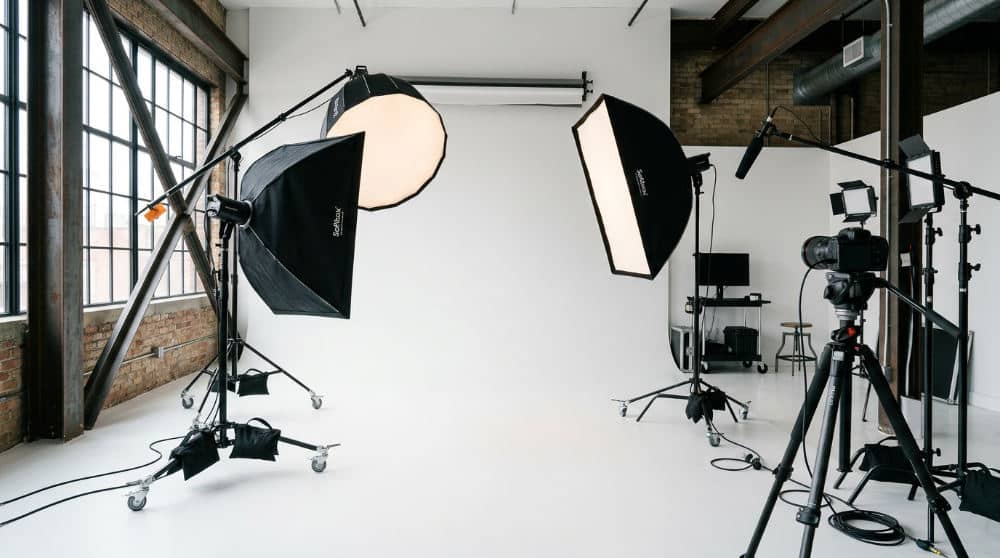 A professional lighting setup at a San Diego photography studio for real estate agent portraits.