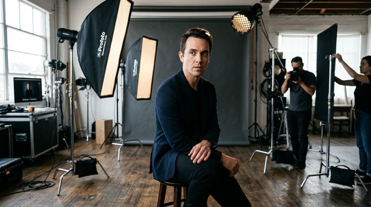 An actor sits for a theatrical headshot session in a San Diego photography studio with professional lighting.