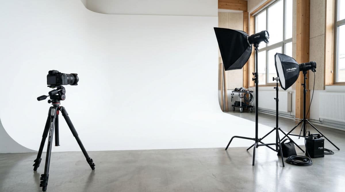 A professional San Diego studio rental space featuring a large white cyclorama wall and high-end lighting equipment.