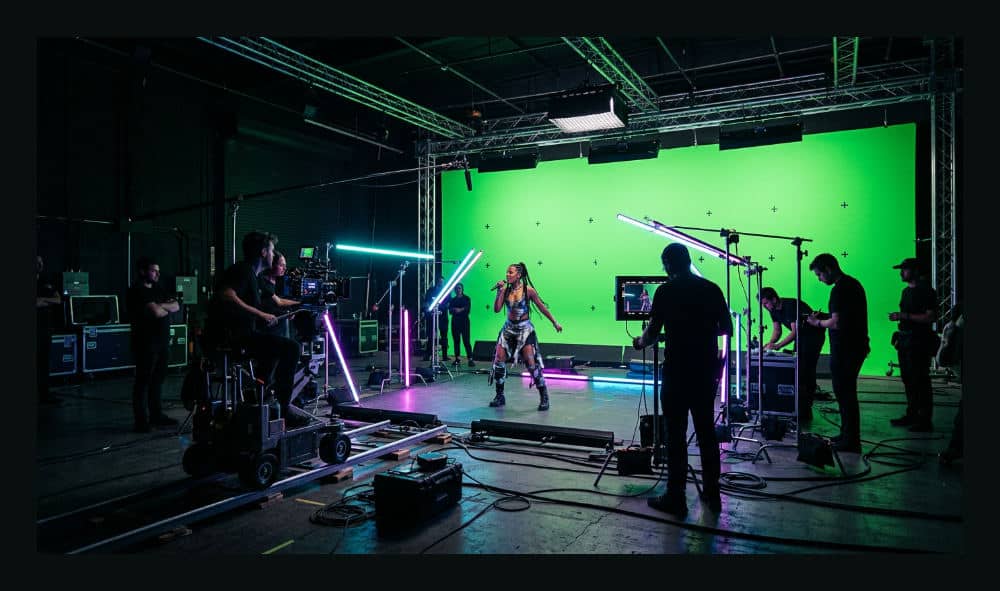 A film crew using a large green screen backdrop with professional studio lights to film a commercial in a San Diego production facility.
